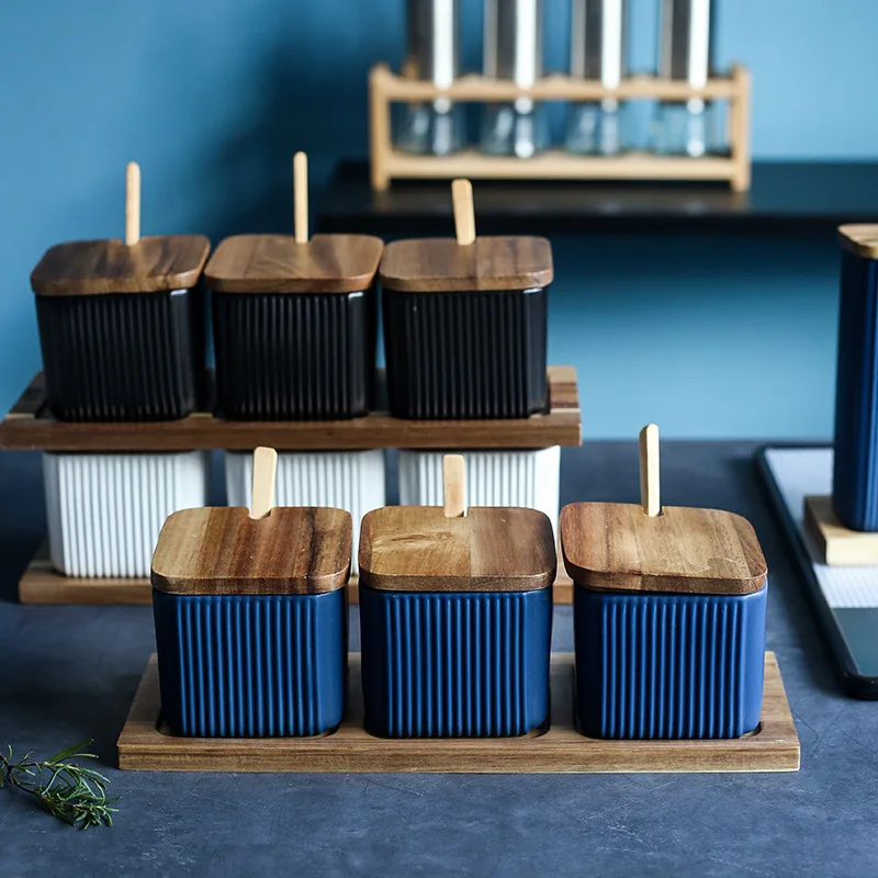 

Nordic striped ceramic seasoning tank oil bottle Kitchen salt shaker set Lightweight matte seasoning box acacia wood cover