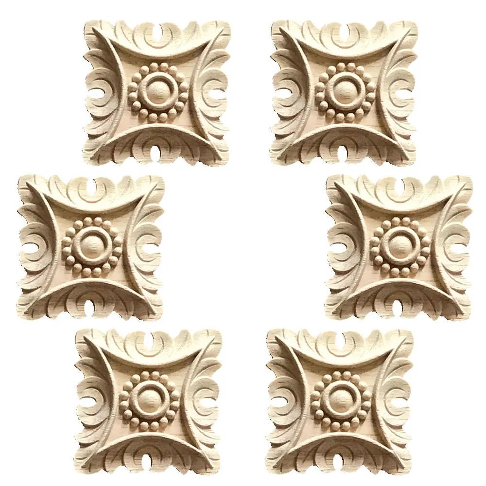 

6PCS Retro Flower Wood Carving Natural Wood Appliques Furniture Cabinet Unpainted Wooden Mouldings Decal Decorative Figurines