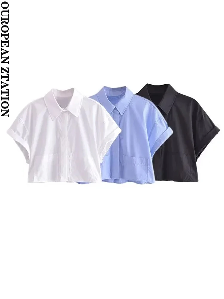 

PAILETE Women 2023 fashion with pockets cropped poplin shirts vintage short sleeve button-up female blouses blusas chic tops