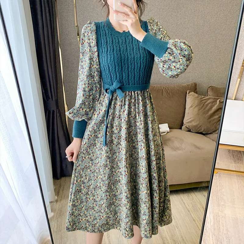 

2021 Women Cottagecore Dress Vintage Korea Corduroy Floral Woman Dresses High Waist Stitching Bandage Knitted Clothes Slim Body