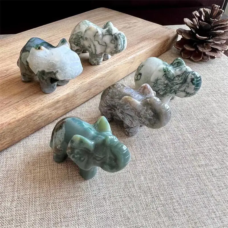 

Natura Moss Agate Elephant Feng Shui Chakra Healing Reiki Quartz Stone Home Decoration Stone Handicraft Decoration Carvings 1pcs