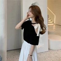 summer new short sleeved t shirt womens korean version ins loose and thin design bow off shoulder top trendy