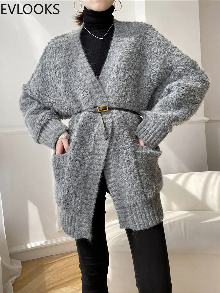 

Свободный вязаный свитер evlook для женщин с V-образным вырезом, длинным рукавом и поясом, однотонный минималистичный кардиган, женская модная ...