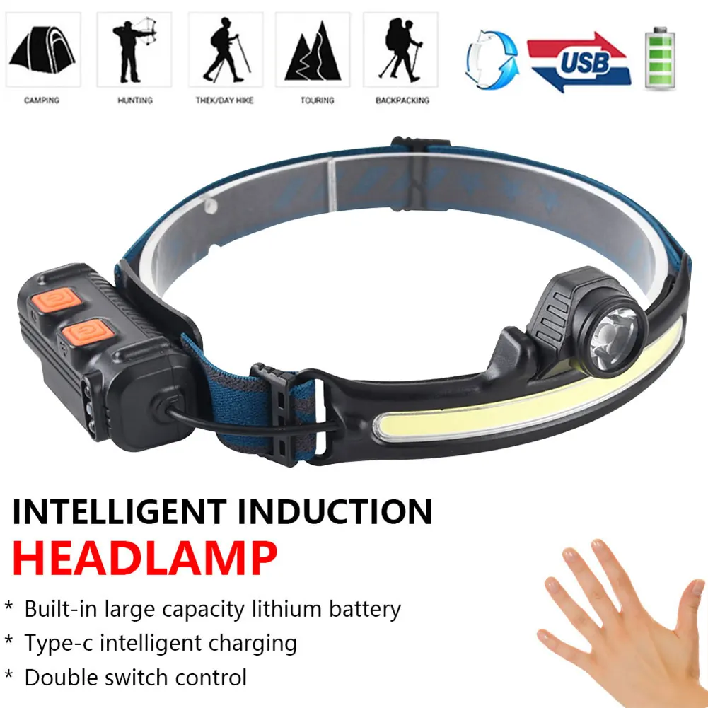 

IR Sensor LED Headlamp Powerful XPG+COB Headlight 2000mAh USB Rechargeable Head Lamp Flashlight Outdoor Waterproof Work Light