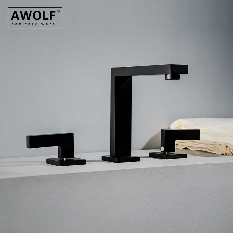 

Awolf Solid Brass Black Bathroom Basin Sink Faucet Brushed Nickel Deck Mounted Dual Handle Three Hole Hot and Cold Mixer ML8132