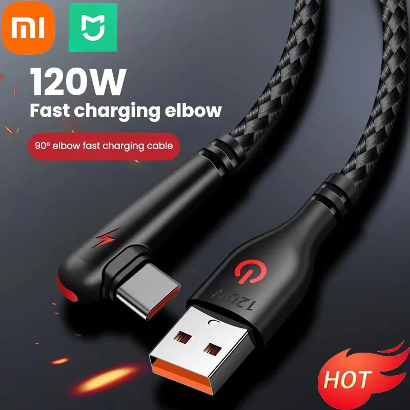 Фото Универсальный кабель Xiaomi 120 Вт, 2 м, USB-тип C, локоть 90 градусов, мобильный телефон, супер быстрая зарядка для Huawei, зарядный шнур Samsung №1