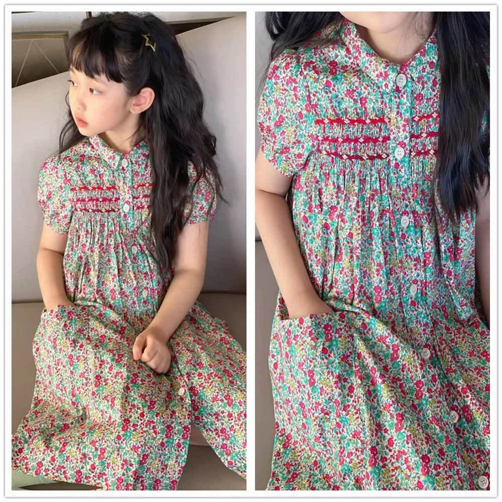 

Летнее платье с коротким рукавом для девочек, милое платье с принтом и лацканами
