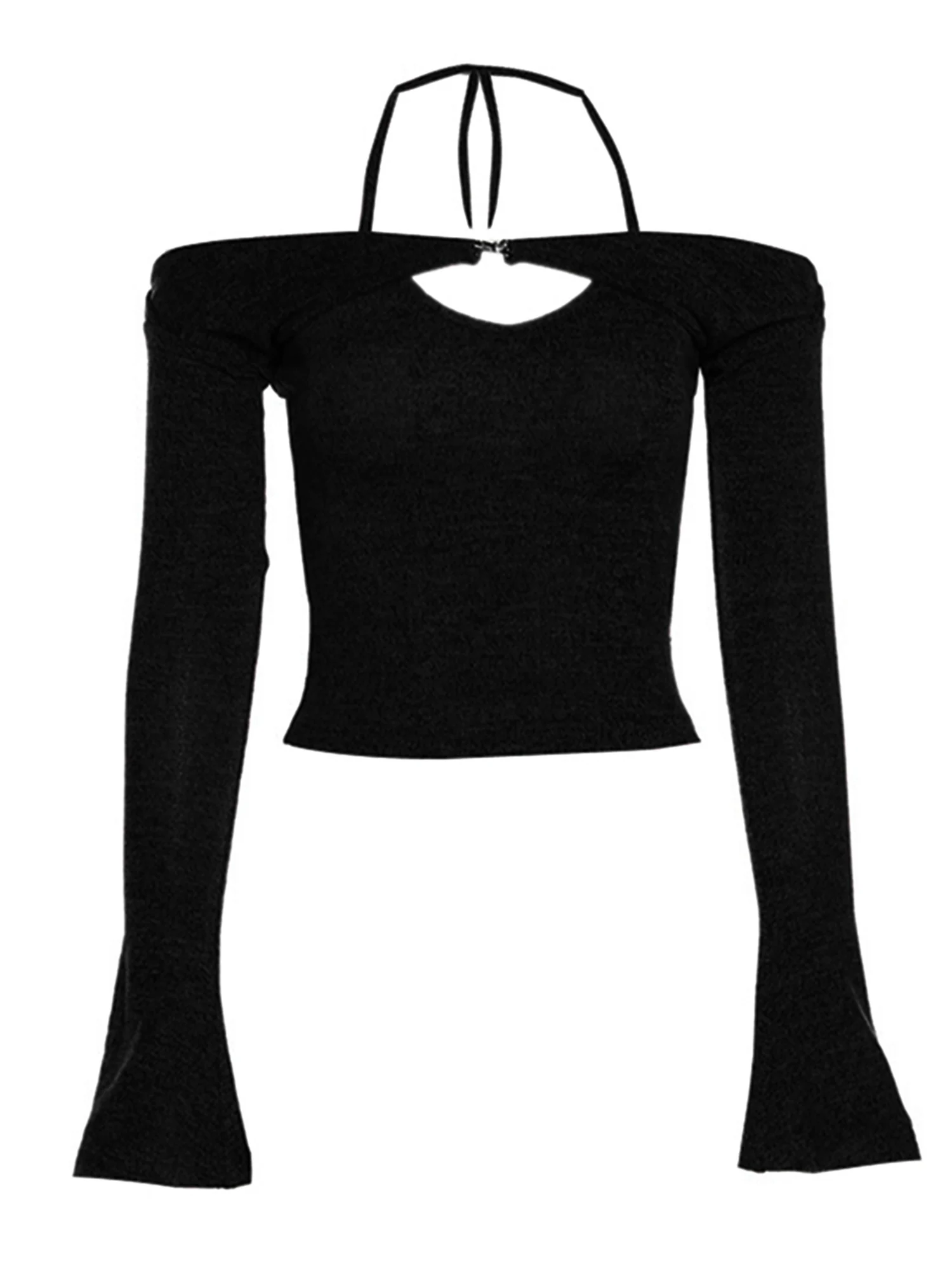 

Женский трикотажный укороченный топ с вырезом «халтер» и длинным рукавом