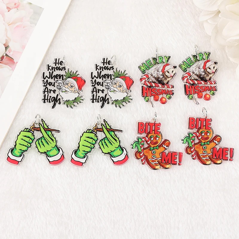 

8Pcs Christmas Charms Creative Acrylic Santa Gingerman Jewlery Findings For Necklace Keychain Diy Making