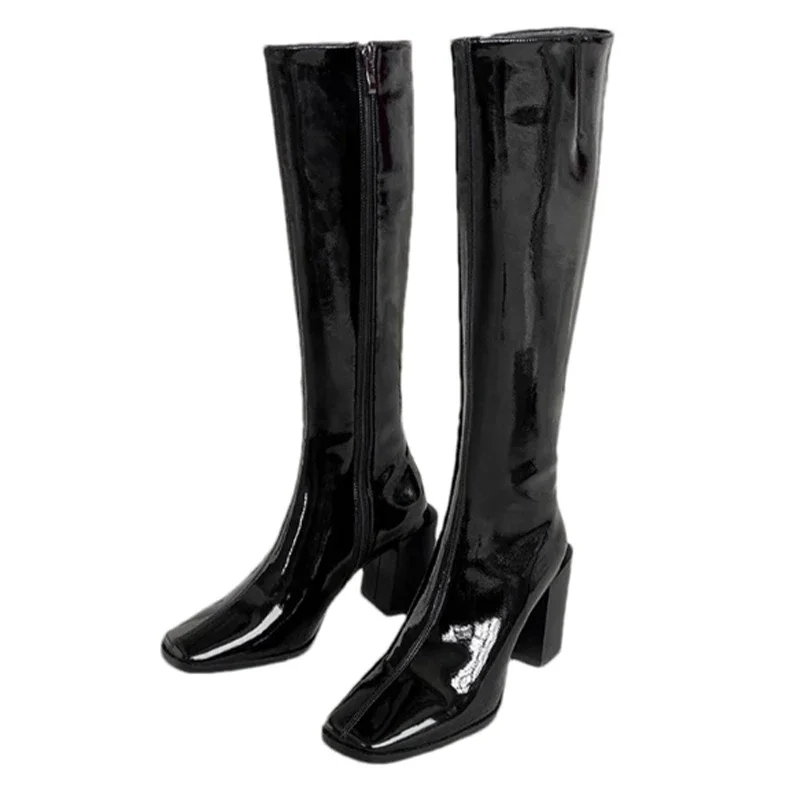 Женские высокие сапоги на высоком каблуке кожаные туфли массивном с квадратным