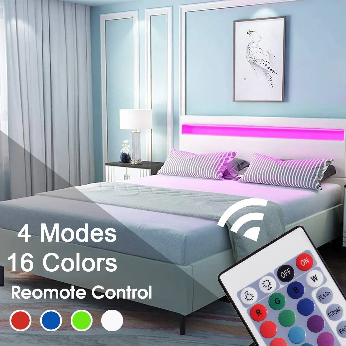 

Queen Size Bed Frame Bedroom Platform with LED Light Headboard Modern 43inch 16 Color Changing Lights 4 Lighting Patterns