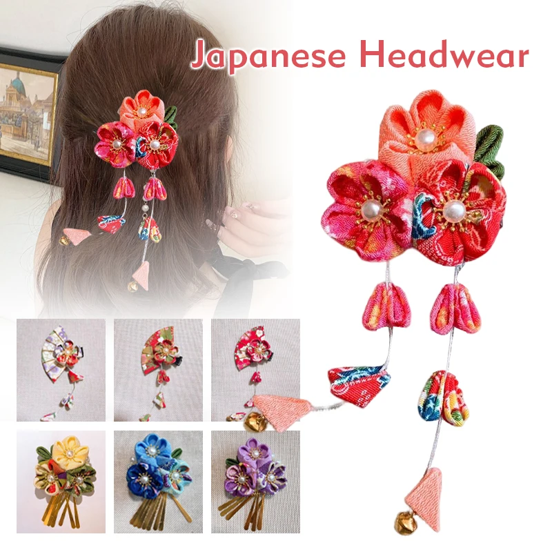 

Cute Kimono Sakura Hairpin Women Hair Clip Tsumami Zaiku Cosplay Japanese Kimono Accessories Beautiful Geisha Tassel Hairpin