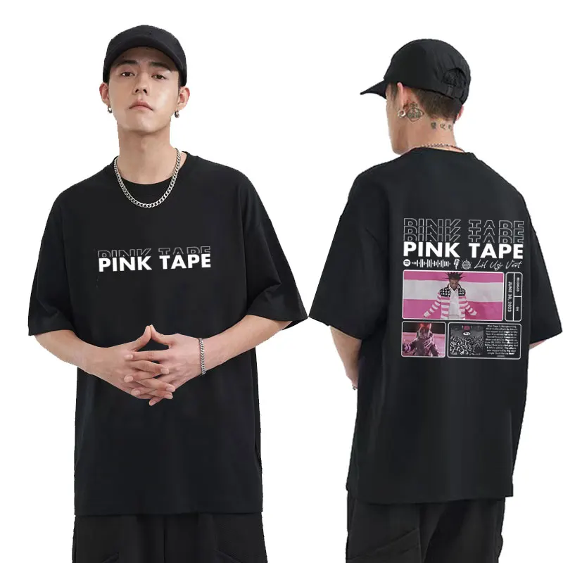 

Rapper Lil Uzi Vert Pink Tape Print Graphic T Shirts Short Sleeve Men Rap Rock T-shirt Man Cool Streetwear Unisex Fashion Tshirt