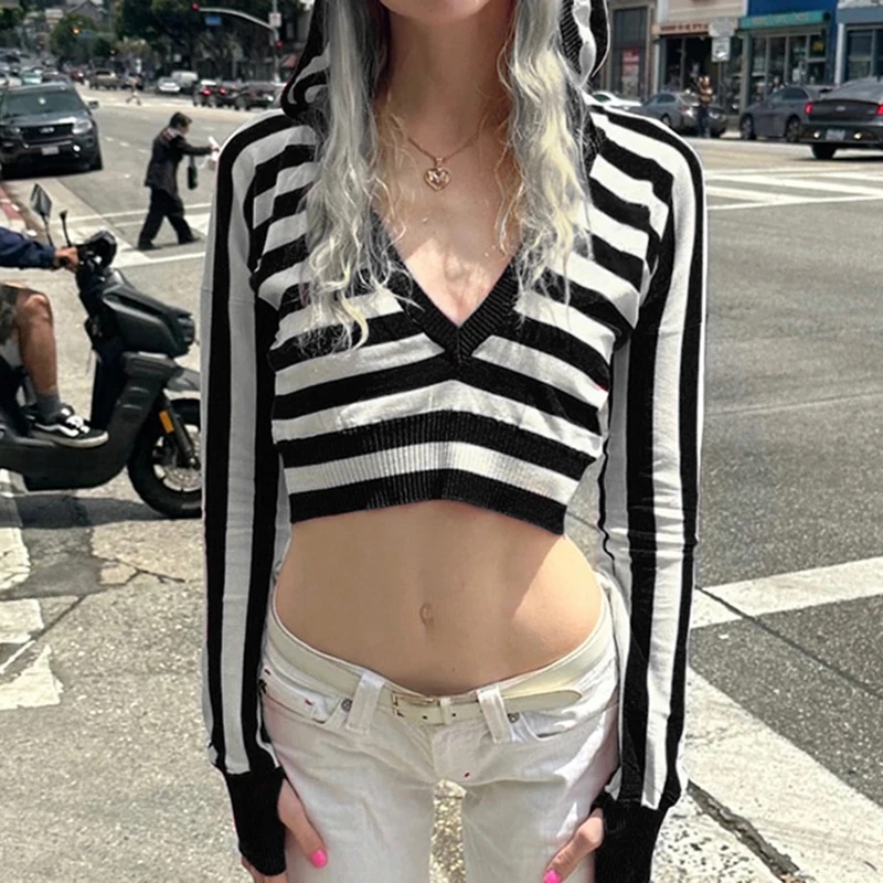 Женский Винтажный Полосатый Свитер Y2K Укороченные Пуловеры С V-образным Вырезом И