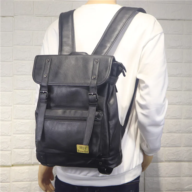 

Fashion Design Men's Backpack PU Leather Solid Color Portable Vintage College Student School Bag Male Outdoor Travel Backpacks