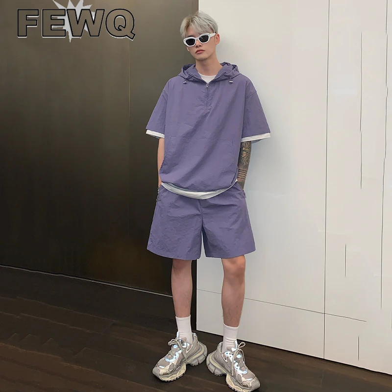 

FEWQ Soilid Color Half Zipper Hooded Short Sleeve T-shirts Men's Summer Shorts 2 Pcs Suits Male Short Pants Casual Tops 9C903