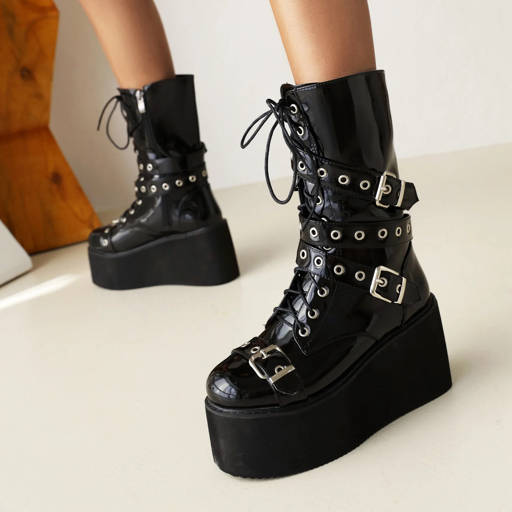 

Punk Metal Buckle Decoration Women Mid-calf Boots Cross-tied Patent Leather Zipper Platform Wedges Heels Woman Winter Warm Boots