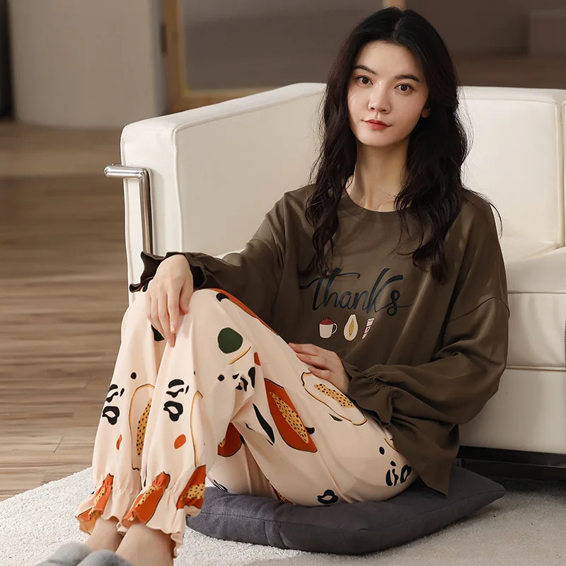 SUO&CHAO 2023 New Cotton Spring Autumn Long Sleeve Casual Loose Pajamas For Womens Cartoon Print Nightgown 2PCS Sets Sleepwear