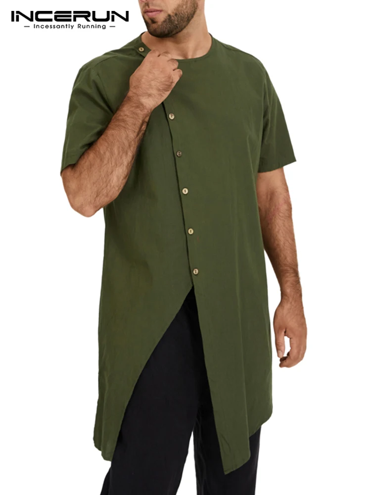 

INCERUN Men Shirt Solid Color 2022 Short Sleeve Round Neck Vintage Streetwear Muslim Irregular Long Style Shirts Casual Camisas