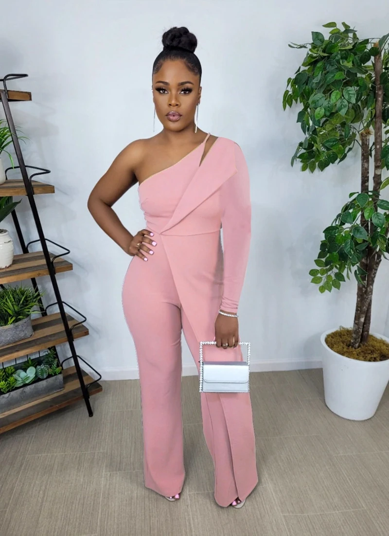 Women Solid Jumpsuits Autumn Long Sleeve Single Shoulder Casual Wide Leg One Piece Overall Rompers Sexy Club Bodysuits S-XXL