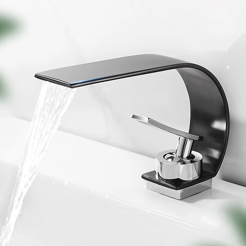 

Waterfall Basin Sink Faucet Black Faucets Brass Bath Faucets Hot&Cold Water Mixer Vanity Tap Deck Mounted Washbasin Taps