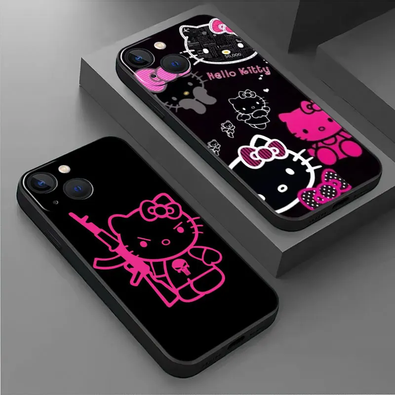 Phone Case For iPhone 11 12 13 14 Pro Max Mini XS XR X 8 7 6S 6 5 5S Plus Black Silicone Cover Fundas Cute Cool Hello Kitty Cat