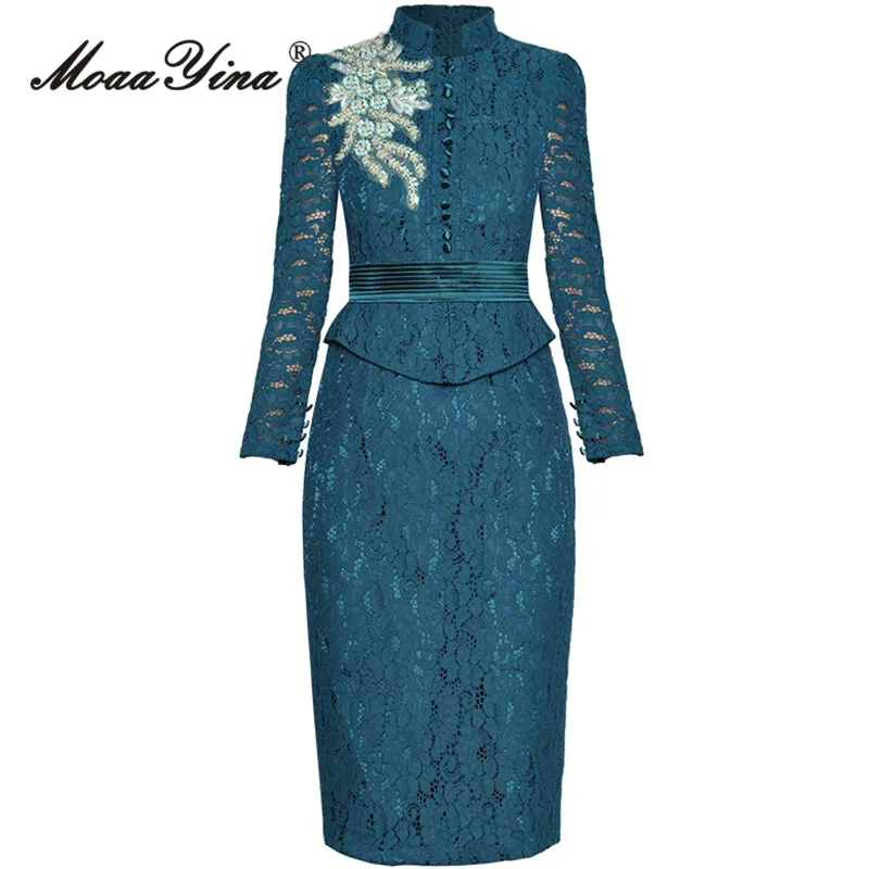 Женское винтажное платье-миди MoaaYina подиумное платье голубого цвета со стоячим