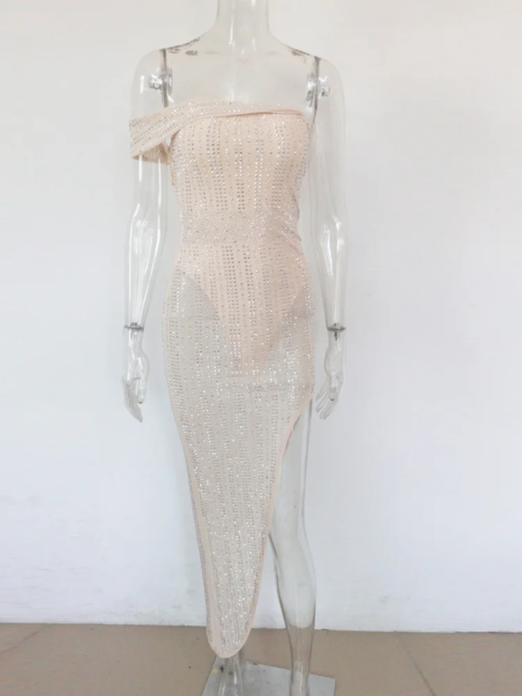 Beyprern Sparkle Off Shoulder Black Crystal Midi Dress Womens Glam Rhinestone Studded Asymmetrical Party Dress Birthday Outfits