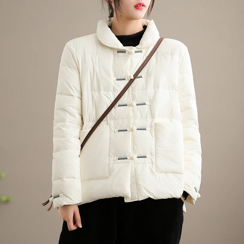 

2022 Vintage Single Breasted Ultra Light Down Coat Winter Women Casual 90% White Duck Down Jacket Chinese Style Outwear