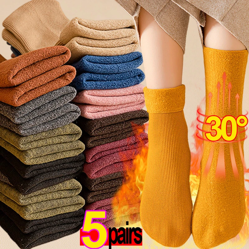 

1-5pairs Women Winter Warm Socks Thicken Thermal Snow Boots Floor Skin Soft Thermal Velvet Wool Cashmere Home Sleeping Socks
