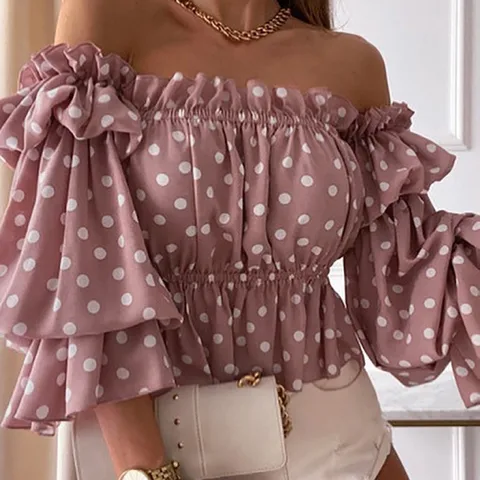 Women Blouse Sexy Off Shoulder Multi-layer Tops Colorful Pleated Ladies Flare Sleeve Shirt For Dating Club For Autumn Camisas