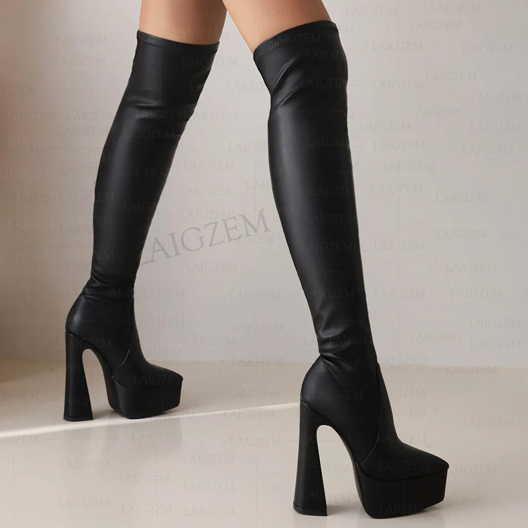 

LAIGZEM Women Over Knee High Boots Stretch 14CM Thick High Heels Tall Boots Pull On Ladies Shoes Woman Plus Size 37 40 42 43 45