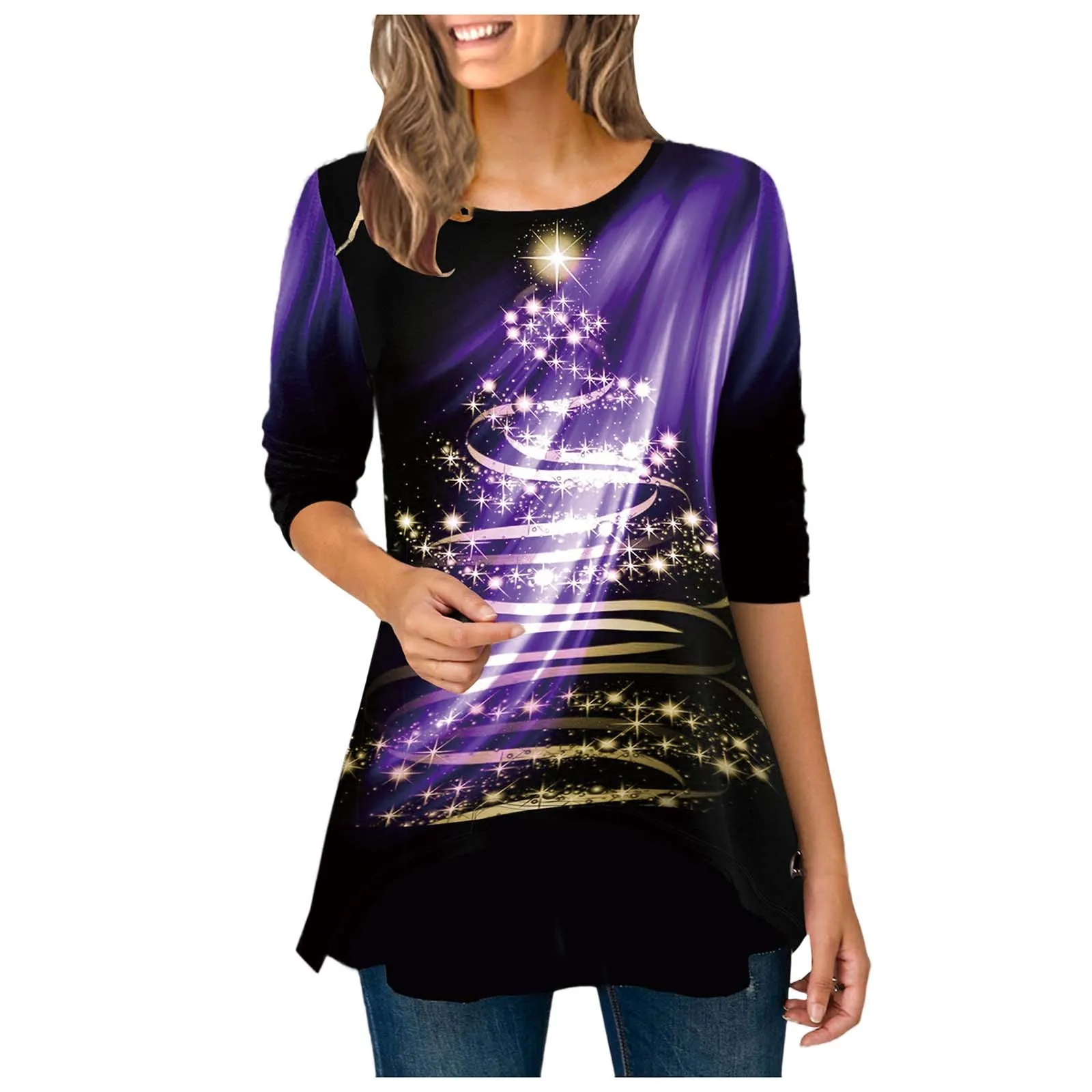 

Womens Christmas Prints T Shirts Color Block Splicing Shirts Long Sleeve Tee Tops Thick Long Sleeve T Shirt Women