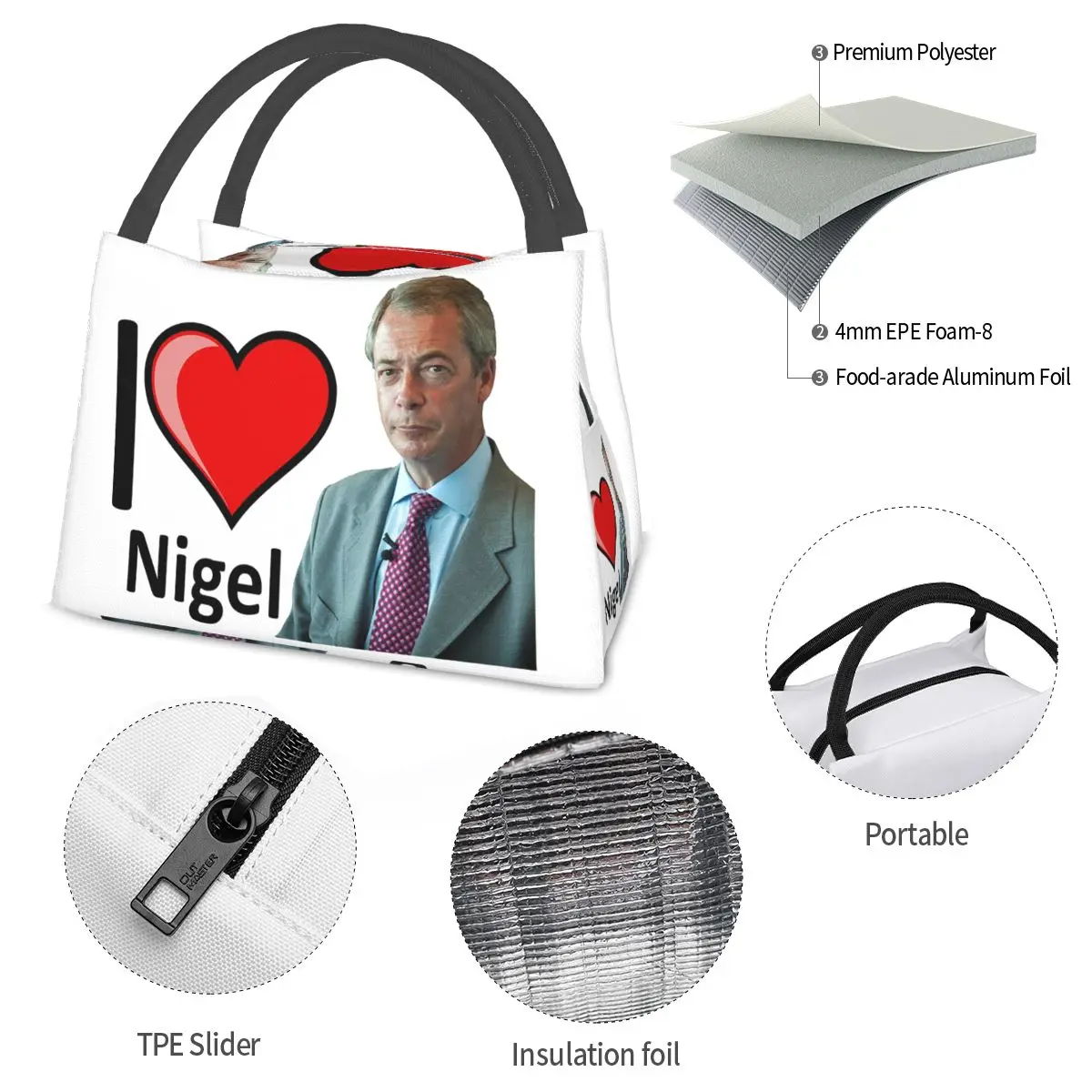 Фото Фантастическая сумка для обеда с дизайном I Love Nigel Farage для женщин, контейнер для хранения продуктов для пикника, термосумка-холодильник для еды №4