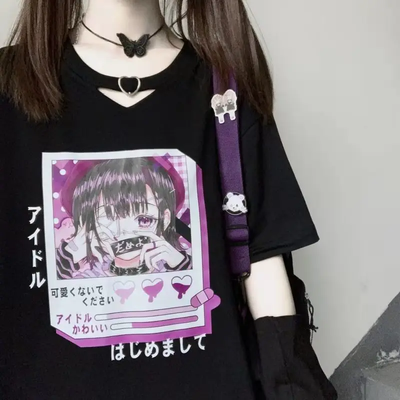 

Japanese Anime Print Women T-shirts Harajuku Goth Aesthetic Graphic Streetwear Fashion Woman Blouses 2022 Tee y2k Clothes Tops