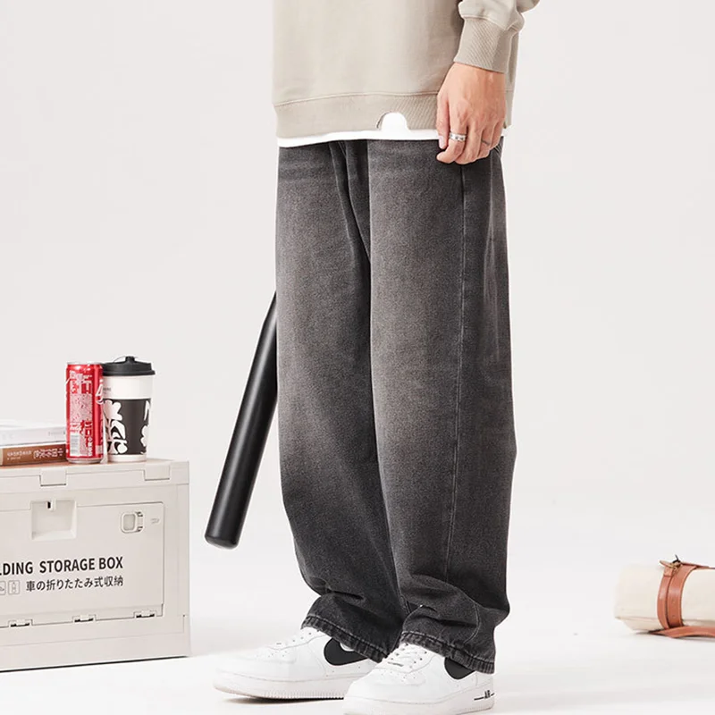 Streetwear Men 2022 New Pattern Vintage Recreational Black Pants Mopping The Floor Straight Cylinder Loose Jeans Autumn Female