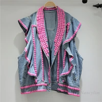 2022 new pink beaded back letter loose denim vest for women ruffled jacket female fashion waistcoat outwears