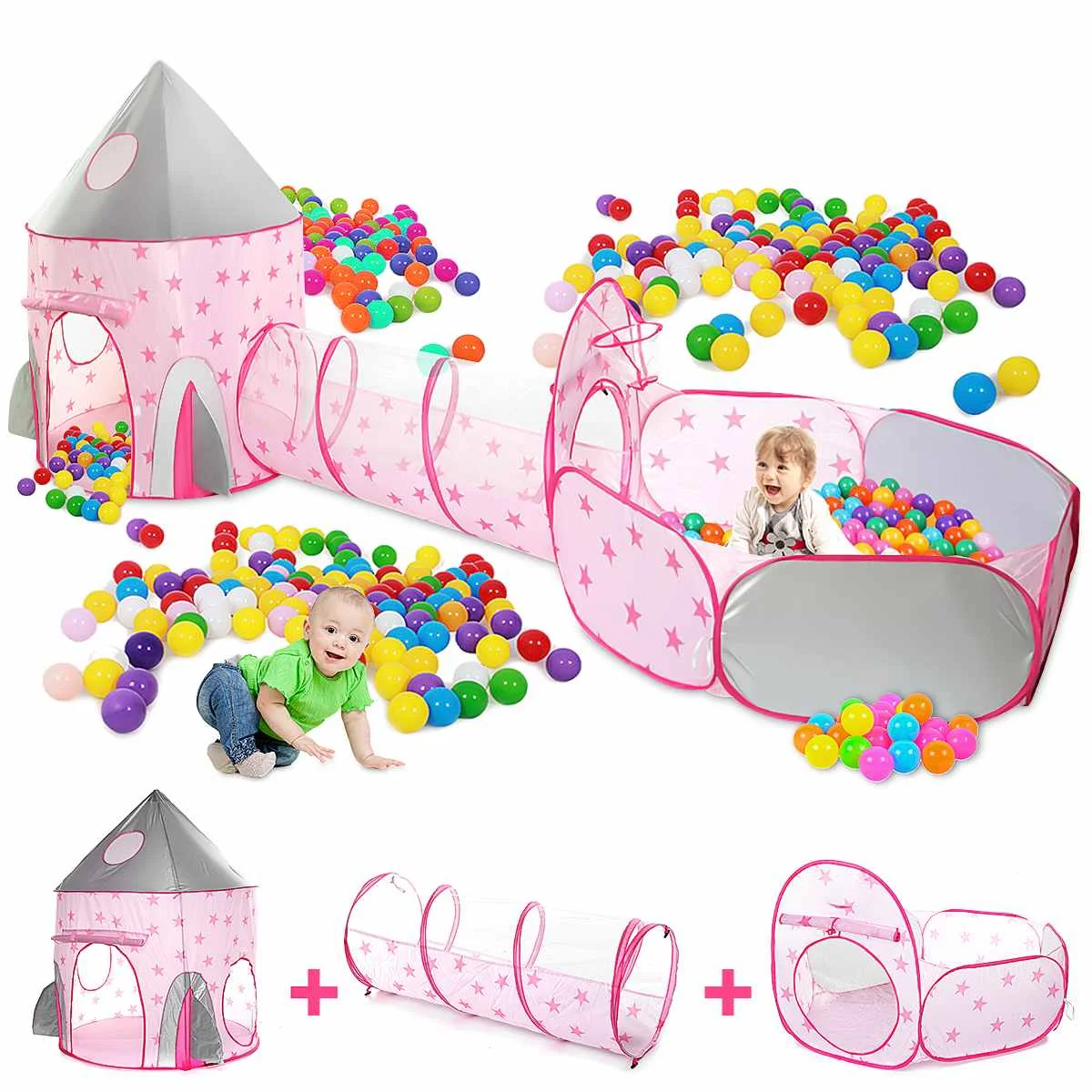 

3 In 1 Kids Playhouse Play Tent Pop Up Castle Tunnel Children Tent House Toy Ball Pool House Kids Removable Tent Park Camping