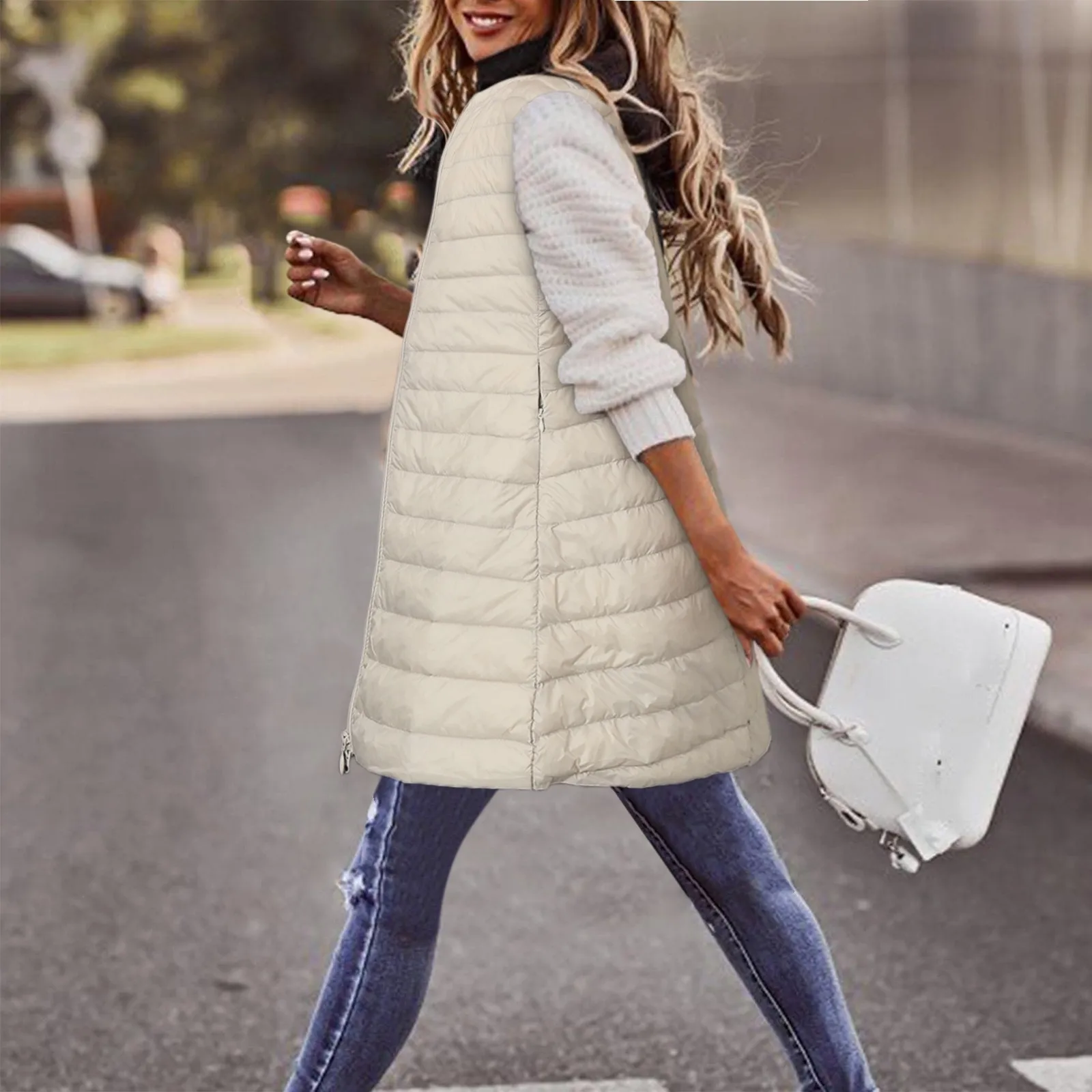 Women's Long Down Vest Winter Thin Light Down Coat Casual Slim Gilet Quilted Jacket Outdoor Winter Coat Vest Streetwear