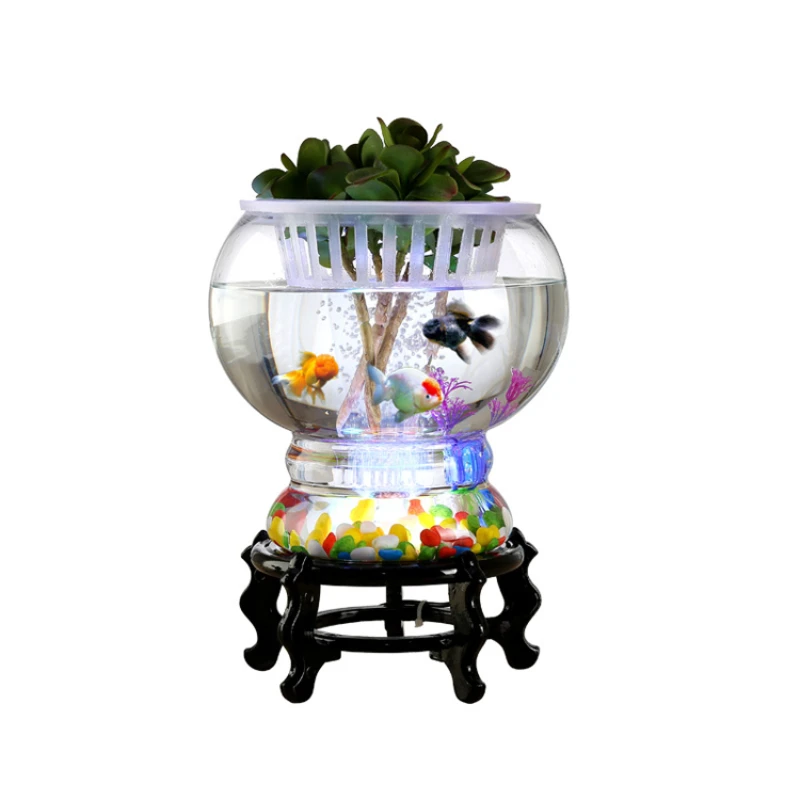 

Fish Globe Aquarium Small Ecological Living Room Home Office Desktop Mini round Glass Fish Tank Led
