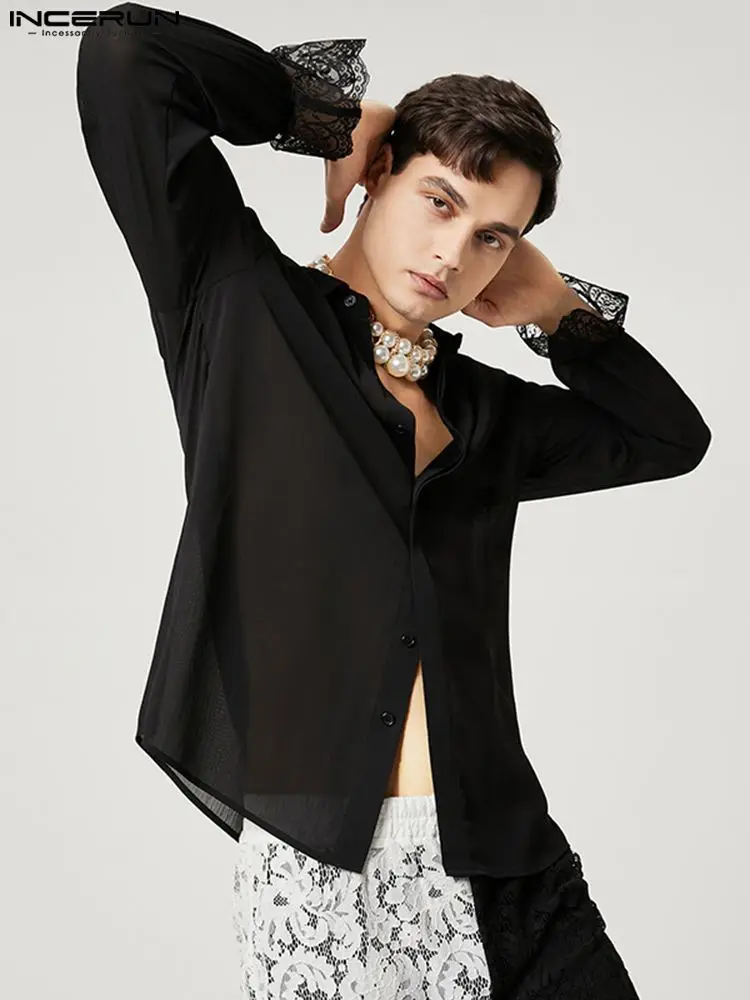 Casual Hot Sale New Men's Cuffs Lace Tops INCERUN Trim See-through Mesh Blouse Stylish Male Solid Long-sleeved Shirts S-5XL 2022