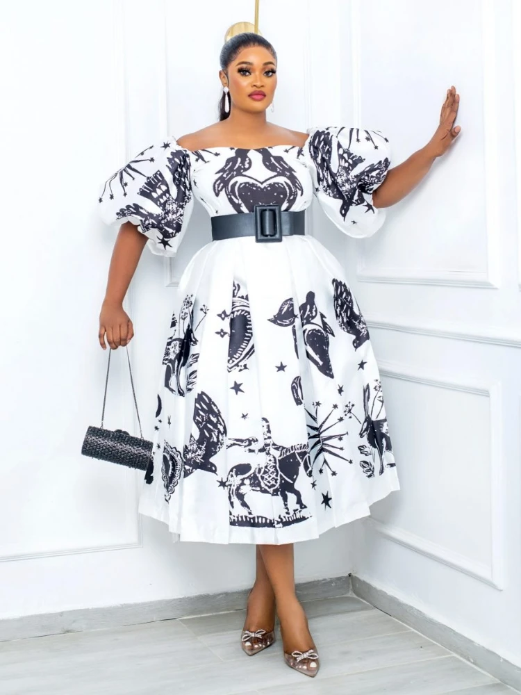 

Pullover Print Dress Puff Sleeve Women Elegant Short Sleeve Robes High Waist Party Event Big Size Vestidos 2022 Summer 5XL