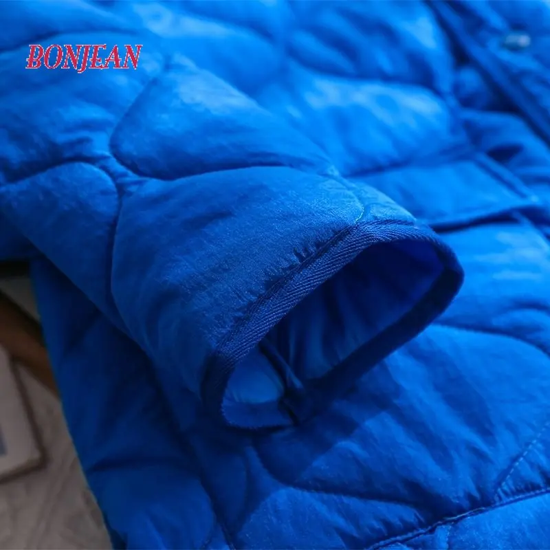 2022 Winter Fashion Rhombus Button Blue Parka Suit Loose Causal Warm Cotton Long Sleeve Parka Jakcet O Neck Parkas Korean Style