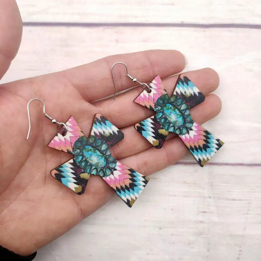 Западные бирюзовые серьги Navajo с принтом веры для женщин Деревянные серпы корова