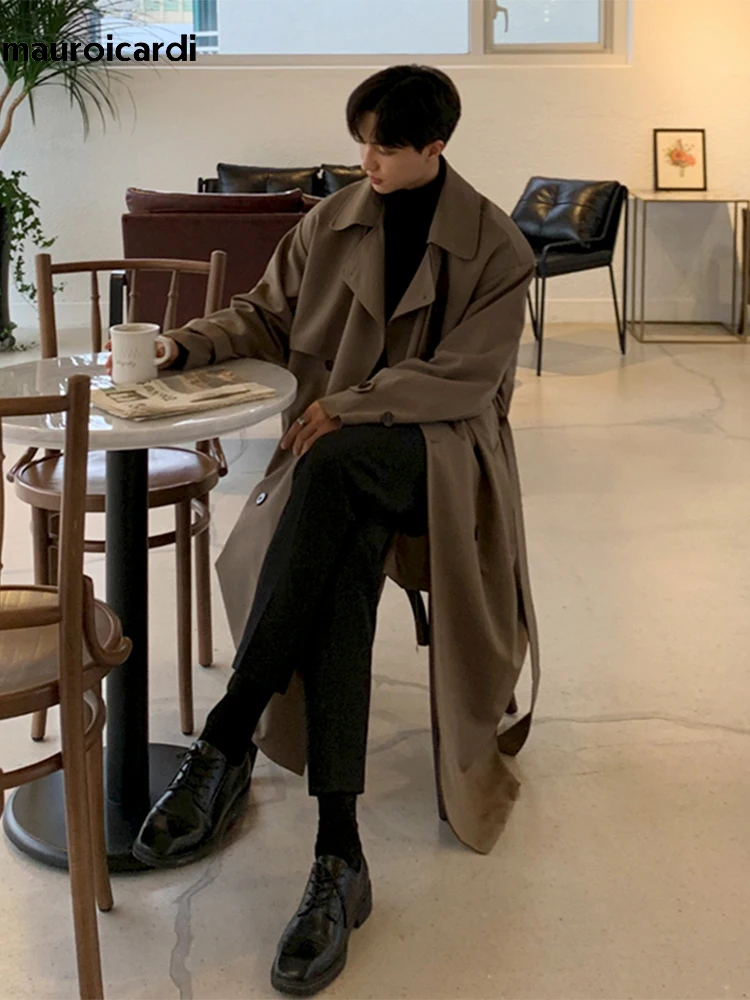 

Mauroicardi Spring Autumn Long Oversized Black Soft Trench Coat for Men Sashes Double Breasted Loose Casual Korean Fashion 2022