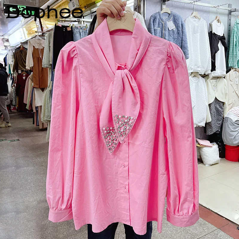 

Heavy Industry Diamond Bow Solid Color Shirt Loose Lapel Pink Blouse Top Elegant Bubble Long Sleeve Cotton Blusas Spring 2022