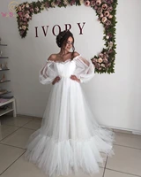 white ivory wedding dresses off shoulder v neck full sleeves tulle lace appliques a line pleat bridal gown women bride backless