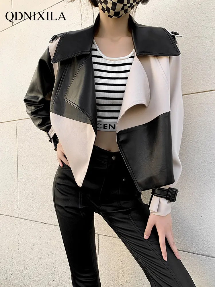 Jackets for Women 2023 Women's Leather Jacket  New Outerwea Black and White Plaid Stitching Top Short Casual Coat Jacket Woman