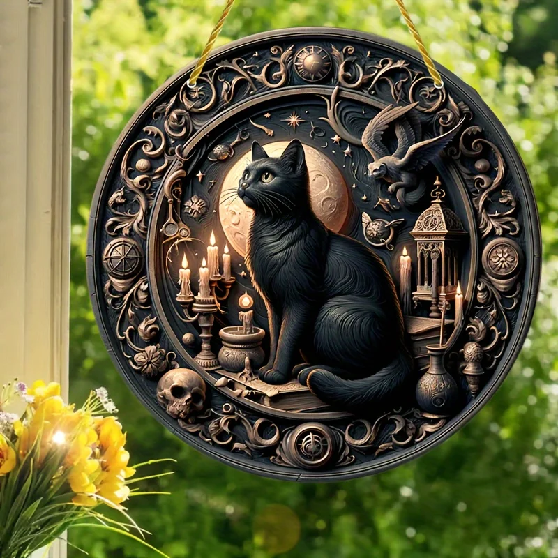 Черная кошка Ловец Солнца Настенный декор круглая вывеска Акриловая подвеска