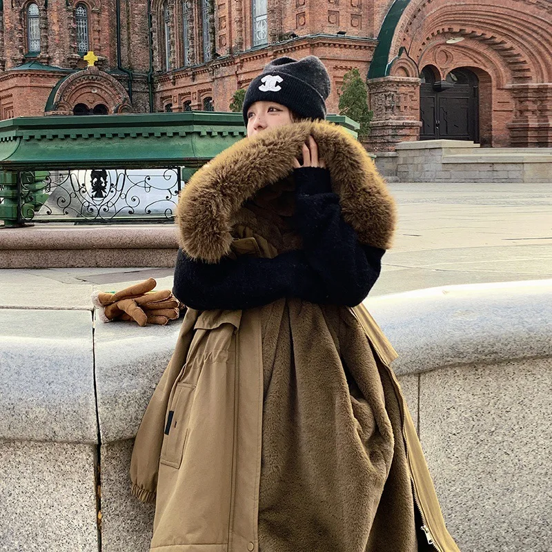 Pai Overcome Women's Winter Medium length Casual Large Fur Collar Plush Thickened Coat